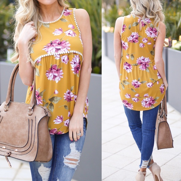 Bellanblue Tops - DIANA Floral Tank - MUSTARD